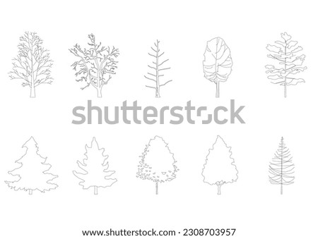 tree line drawing, Side view, graphics trees elements single object outline minimal plant symbol for architecture and landscape design. Vector illustration in stroke fill in white. forest, tropical.