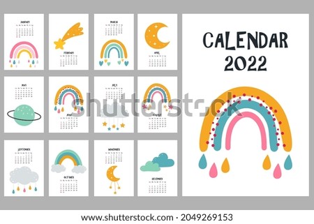 Cute calendar with boho elements. 2022 calendar with rainbows, clouds, moon, stars.  Minimalistic calendar for the year for print. Wall vertical calendar. 