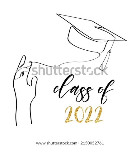 Class of 2022. One line art with student tossing up his graduation cap. Trendy one line draw design graphic vector illustration.