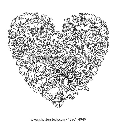 Heart Shape Flowers And Butterfly For Adult Coloring Book In Famous Zen Art Therapy Antistress Style