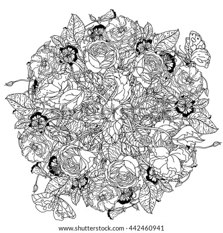 Anti Stress Patterns Yoga Logos Vector Luxury Flowers Bouquet In Shape Of Mandala For Adult Coloring Book Or Zen Art Therapy
