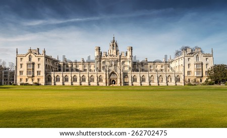Cambridge, UK - March 22, 2015: Full View of New Court\'s Clock Tower of St John\'s College, University of Cambridge in Perfect Bright Sky of Sunny Day.  It is also a local landmark of Cambridge.