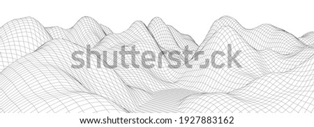 Vector landscape of mountains. Technology futuristic illustration. Vector background of wireframe 3d landscape.