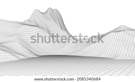 Vector landscape of mountains. Technology futuristic illustration. Vector background of wireframe 3d landscape.