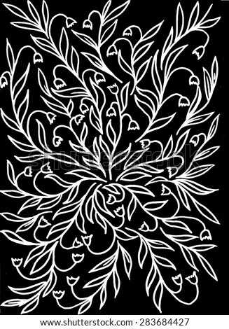 Romantic floral black and white pattern with vines, leaves and flowers on black background