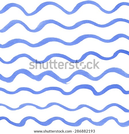 Set of watercolor stains, curves and lines on white background, abstract isolated lines. Blue maritime pattern.
