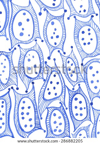 Set of watercolor stains, curves and lines on white background, abstract isolated lines like cell plants. Blue pattern.