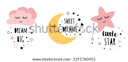 Set of posters yellow sleepy moon pink star cloud for baby room decoration Childish style pink color Perfect for fabric print logo sign cards banners Kids wall art design Vector illustration.