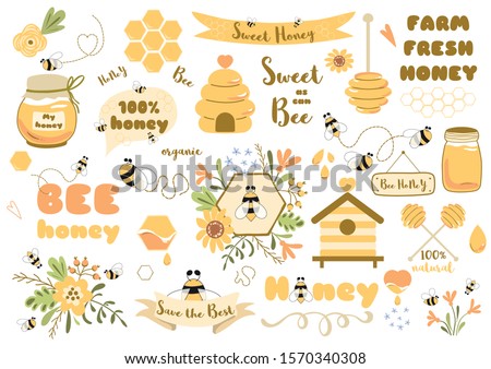 Bees set Cute honey clipart Hand drawn bee honey elements Hive honeycomb pot spoon beekeeping Text phrases in ribbon wreath Floral bee bouquet. Sticker tag icon logo Honey design Vector illustration.