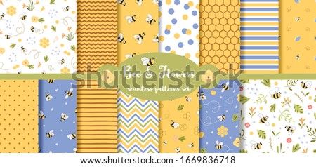 Bee seamless pattern collection. Summer background set. Yellow cute print with bee, flower, honey, geometric lines, polka dot, zigzag ornament. Hand drawn fabric graphic design. Vector illustration.