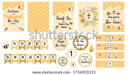 Bee party template set Bee baby shower invitations Cute kids party event Sweet honey bee day garland vector elements