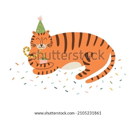 Tiger birthday animal. Jungle birthday party graphic element. Cute wild cat in festive hat with party whistle. Hand drawn tiger isolated on white. Kids vector illustration. Cute wild animal.