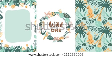 Jungle party cards set. Wild party invitation template. Wild birthday banners collection. Tropical birthday party invite. Summer vector illustration. Jungle leaves border frame. Leopard, tiger, jaguar