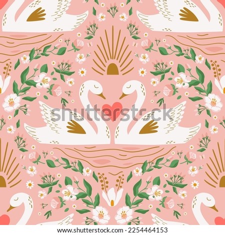 Swan pattern. Cute swan couple, flowers, heart pink seamless background for romantic Valentines day, wedding design, spring textile. Vector illustration. Damask natural repeat print with birds in love