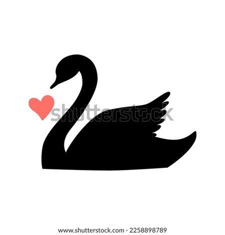 Black swan silhouette vector with pink heart. Bird shape graphic element isolated on white. Cute illustration hand drawn for Valentines day, wedding. Swan logo, icon, symbol of family, relationship.