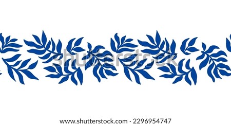 Blue Matisse elements border. Abstract organic plant shapes decorative vector illustration. Freehand contemporary leaves. Hand drawn botanical leaf design. Modern floral summer tropical branches.