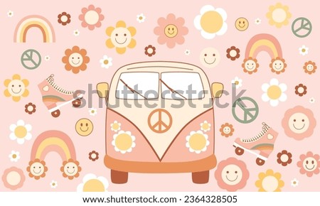 Baby groovy background with retro vintage car, minivan, roller skates, smiling flowers, daisy, rainbow, peace symbol. Vector design, 70s cute wallpaper for kids in pastel pink color.