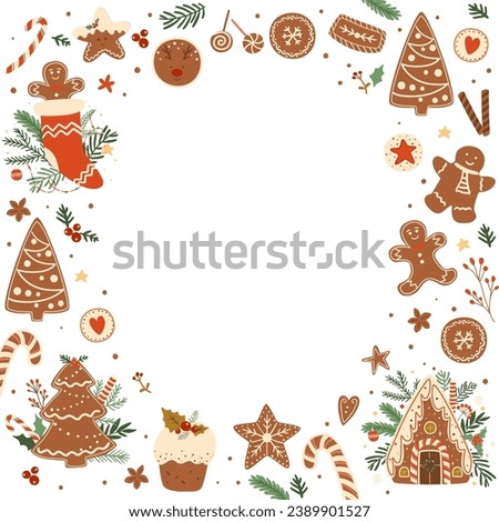 Christmas baking frame with gingerbread house, dessert, pudding, fir tree, candy cane. Vector tasty winter baked cookies in glaze. Greeting card, banner, poster. Hand drawn pastry food illustration.