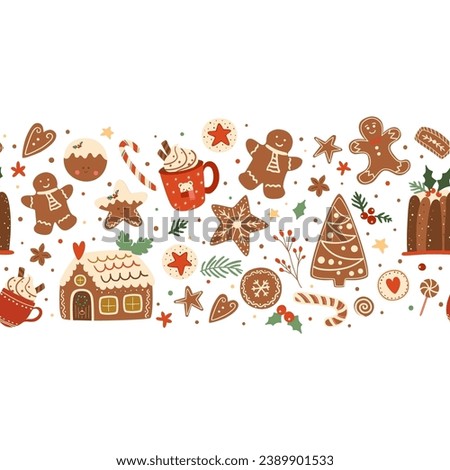 Christmas baking seamless border with gingerbread houses, man, tree, cookies, candy cane, hot chocolate. Sweet winter holidays dessert repeat long horizontal banner. Tasty vector food illustration.