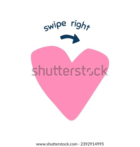 Valentines day pink heart in minimal style. Vector simple shape of heart and text Swipe right for holiday card. Love hand drawn element isolated on white, logo, romantic icon design.