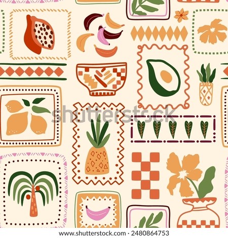 Tropical patchwork seamless pattern. Summer vector geometric frame with exotic fruits. Cute jungle palm tree framed, flowers, vase, food repeat background, checkered print, bright childish wallpaper.