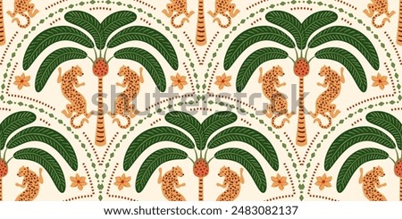 Tropical palm tree Asian leopard seamless pattern. Cute jungle damask ornament, jungle arched print, hand drawn wild animal under the coconut, Indian textile design wallpaper Vector beach illustration