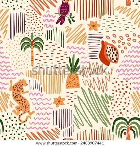 Tropical summer beach patchwork seamless pattern. Vector jungle palm tree, leopard, doodle elements, stripes, polka dots, toucan bird, pineapple. Cute exotic print, hawaii background, wallpaper.