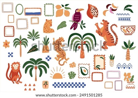 Tropical jungle summer vacation elements isolated on white. Wild animals, tropical palm tree, frames, stamps, exotic birds, fruits, flower, leaves. Cute travel and tourism, safari vector clipart.