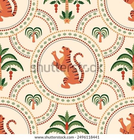 Summer ceramic tile pattern with tropical palm tree, Asian tiger animal, checkered round shapers. Cute vector jungle print, funny beach background, damask ornament, geometric textile design, mosaic