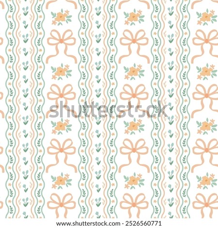 Soft pink and green coquette bows and ribbons seamless pattern. Vector floral grandmillennial vertical striped print, gentle cottagecore wallpaper, retro repeat background, bedroom decoration.