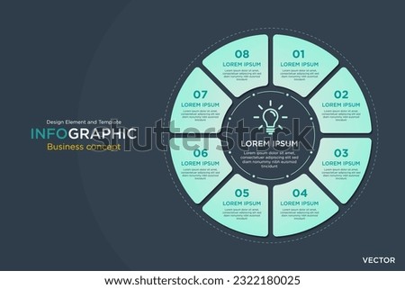 infographic business concept. Circular Text Box 8 Step Design Element and Template on Background Navy Dark Mode. In Vector