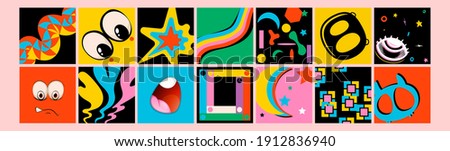 Hand drawn Abstract shapes, funny cute Comic characters. Big Set of Different colored Vector illustartions. Cartoon style. Flat design. All elements are isolated. Square Posters, logo Templates