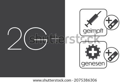 2G plus Corona regulation notice icons and text arranged on top of each other on dark grey and white background in landscape format
