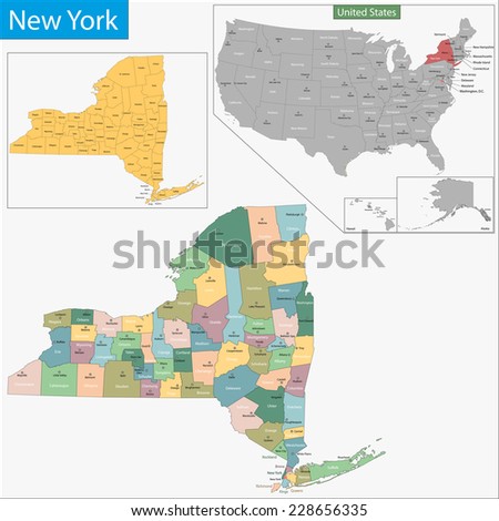 Map of New York state designed in illustration with the counties and the county seats