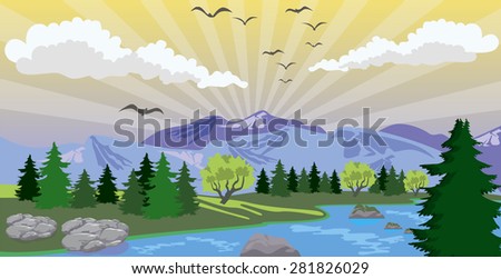 Illustration of beauty landscape with sunrise under lake and mountain