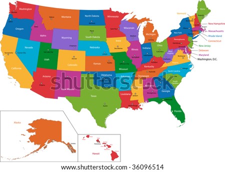 Colorful USA map with states and capital cities