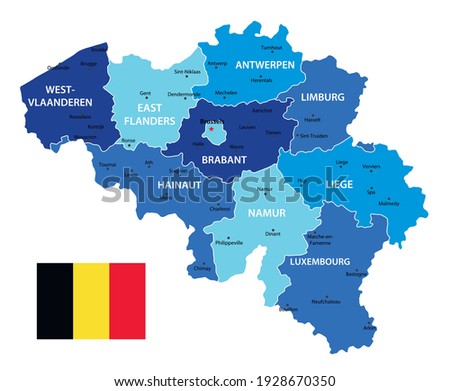 Belgium highly detailed map. Vector blue illustration with borders, cities and national flag