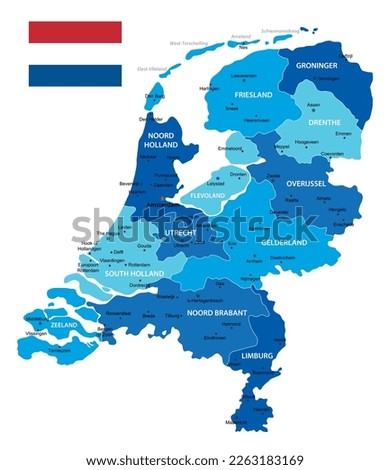 
Niederdands highly detailed map. Vector blue illustration with borders, cities and national flag