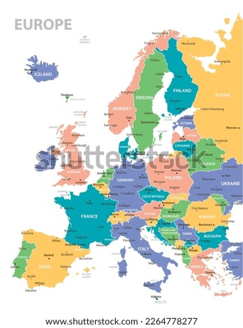 
Europe vintage map. High detailed vector map with pastel colors, cities and geographical borders