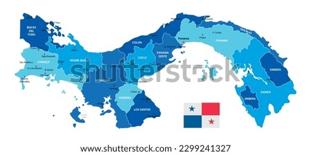 Panama highly detailed map. Vector blue illustration with borders, cities and national flag