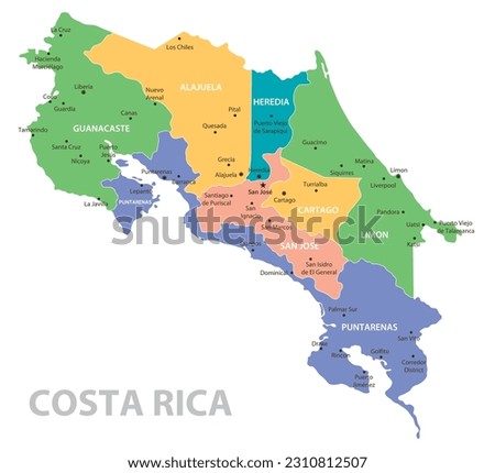 Costa Rica vintage map. High detailed vector map with pastel colors, cities and geographical borders