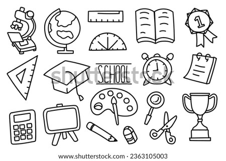 Set of hand drawn back school doodle illustration. vector icons. pens, pencil, trophy, cuts, paint, whiteboard, book, paper