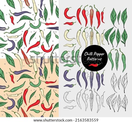 Red green white purple hot chili peppers seamless pattern Hand drawn closeup spicy organic ingred