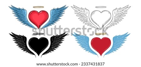 Red heart with angel wings and halo in four variants