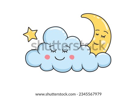 sleeping moon and clouds at night, cartoon illustration