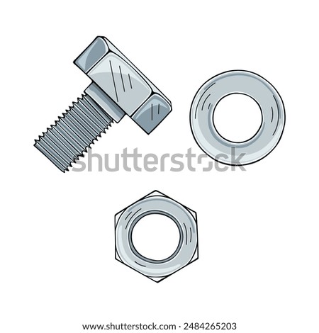 Steel bolt, hex nut and washer isolated on white background