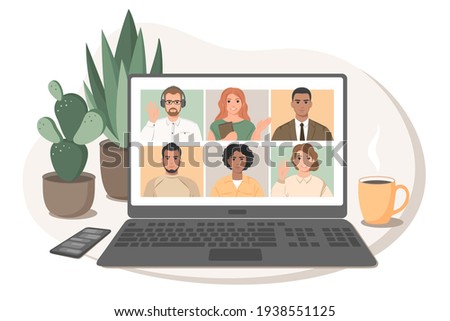 Online meeting via video conference. Group of people talking by internet, web chatting. Stay home safe, quarantine concept. Vector illustration in flat style.
