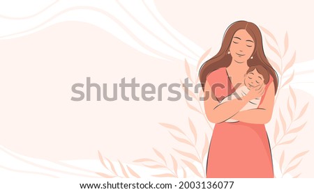 Banner about pregnancy and motherhood with place for text. Woman holding baby in her arms. Happy Mother's Day.  Flat vector illustration.