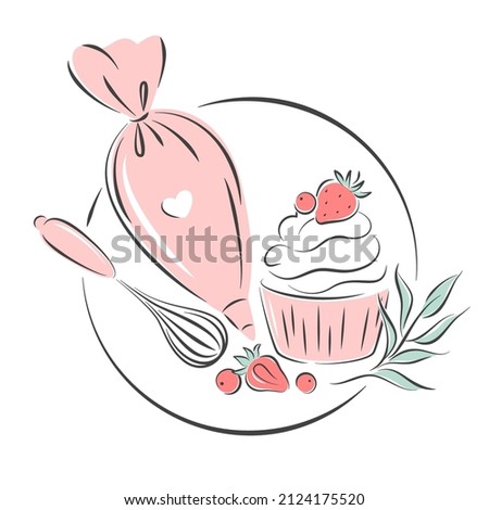 Pastry logo. Set of tools for making cakes, cookies and pastries. Vector illustration for menu, recipe book, baking shop, cafe.
