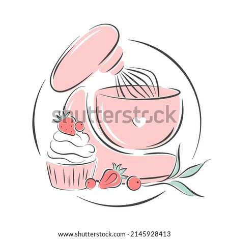 Cake shop logo. Planetary stationary dough mixer, cupcake and berries. Vector illustration on white background 